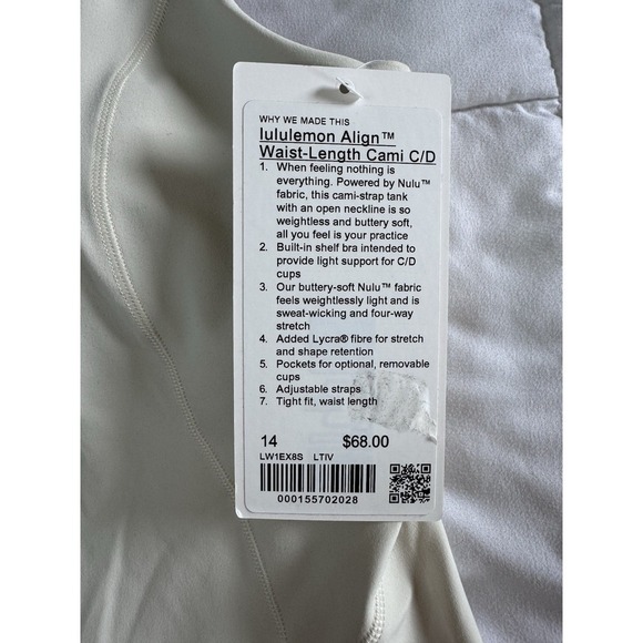 New Lululemon Size 14 Align Waist Length Cami Tank C/D Built In Bra Light Ivory - Picture 5 of 12